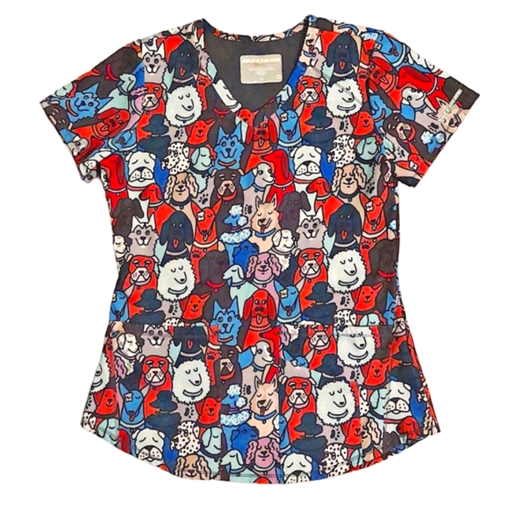 Skechers Best Friends Playful Dog Print Scrub Top Sz XS